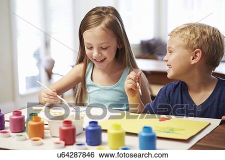 Two Children Painting Picture At Home View Large Photo Image Stock Photograph - Two Children Painting Picture At Home. Fotosearch