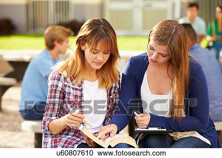 Two Female High School Students Working On Campus View Large Photo Image Stock Image - Two Female High School Students Working On Campus . Fotosearch