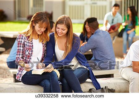 Two Female High School Students Working On Campus View Large Photo Image Stock Photo - Two Female High School Students Working On Campus . Fotosearch