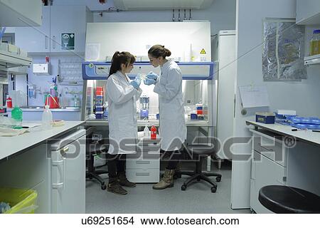 Picture - Biology lab technicians having discussion at work. Fotosearch