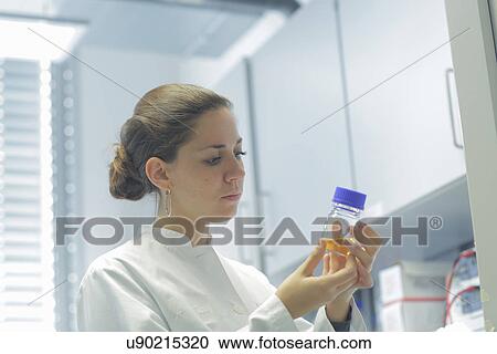 Stock Image - Biology lab technicians looking at test samples. Fotosearch