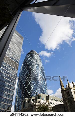 Stock Image - Canary Wharf, Gherkin, St Andrew Undershaft, London, England. Fotosearch