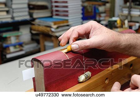 Stock Image - Close up of hands of senior male traditional bookbinder applying gold leaf to book spine. Fotosearch
