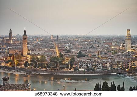 Stock Photo - Elevated view of Verona, Italy, at dusk. Fotosearch