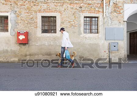 Man walking dog on street, Suno, Novara, Italy View Large Photo Image Stock Image - Man walking dog on street, Suno, Novara, Italy. Fotosearch
