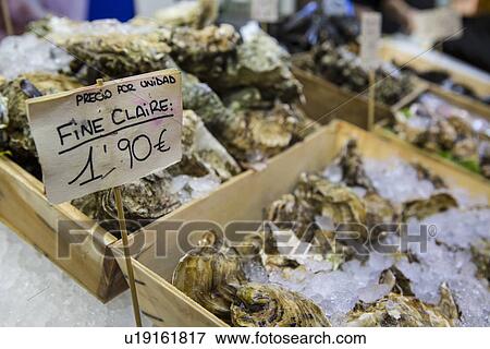 Stock Photo - Market stall with fresh mediterranean seafood, Mallorca, Spain. Fotosearch
