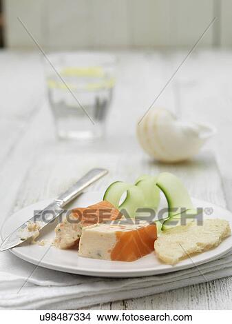 Mini Scottish terrine on top of sliced bread biscuit with cucumber garnish View Large Photo Image Picture - Mini Scottish terrine on top of sliced bread biscuit with cucumber garnish. Fotosearch