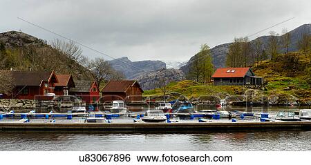 Panoramic view of village and harbor, Lysefjord, Rogaland County, Norway View Large Photo Image Stock Photograph - Panoramic view of village and harbor, Lysefjord, Rogaland County, Norway. Fotosearch