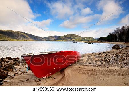 Red boat on lakeside, Rogaland County, Norway View Large Photo Image Stock Image - Red boat on lakeside, Rogaland County, Norway. Fotosearch