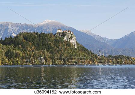 Stock Image - View of fortress, Lake Bled, Slovenia. Fotosearch