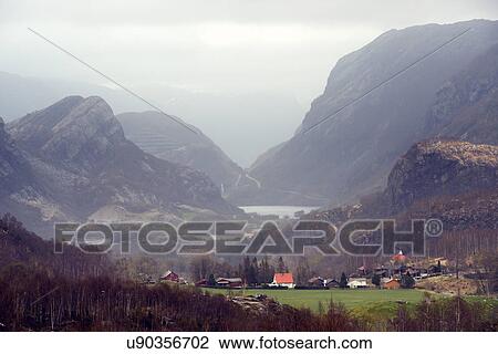 Stock Image - View of mountains and valley near Lysefjord, Rogaland County, Norway. Fotosearch