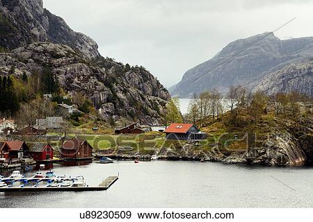 Stock Photo - Village and harbor, Lysefjord, Rogaland County, Norway. Fotosearch