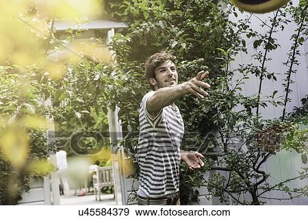 Young man throwing ball in garden View Large Photo Image Stock Photo - Young man throwing ball in garden. Fotosearch