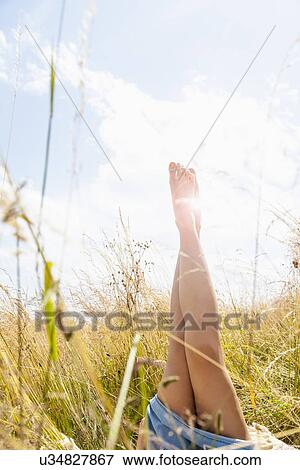 Young womans bare legs in field of long grass View Large Photo Image Stock Photo - Young womans bare legs in field of long grass. Fotosearch