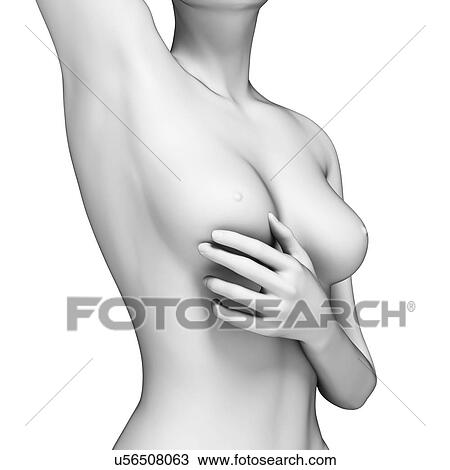 Drawing - Female examining her breast, illustration. Fotosearch