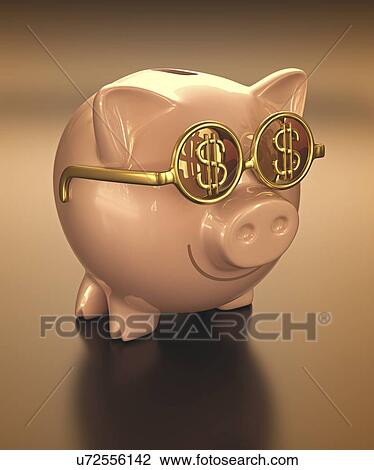 Drawing - Piggy bank wearing glasses. Fotosearch
