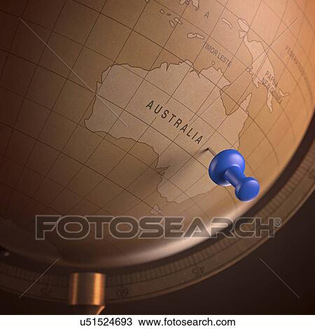 Vintage globe with a push pin View Large Illustration Drawing - Vintage globe with a push pin. Fotosearch