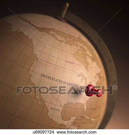Vintage globe with a push pin View Large Illustration Stock Illustration - Vintage globe with a push pin. Fotosearch