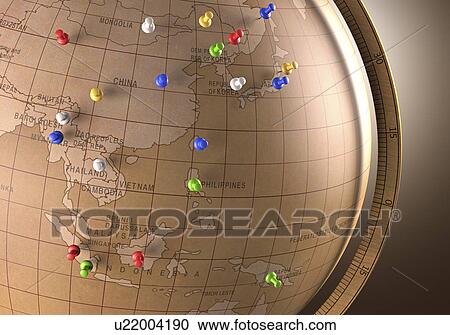 Vintage globe with push pins View Large Illustration Clipart - Vintage globe with push pins. Fotosearch