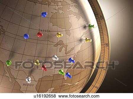 Stock Illustration - Vintage globe with push pins. Fotosearch