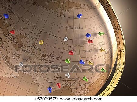 Vintage globe with push pins View Large Illustration Stock Illustration - Vintage globe with push pins. Fotosearch