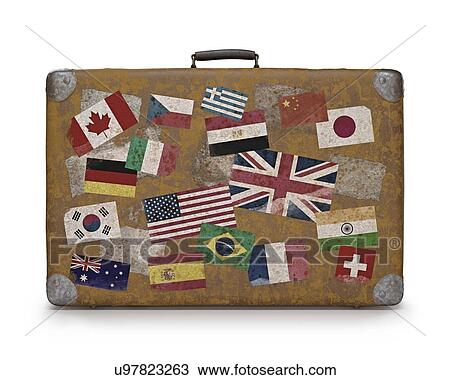 Vintage suitcase with stickers View Large Illustration Drawing - Vintage suitcase with stickers. Fotosearch