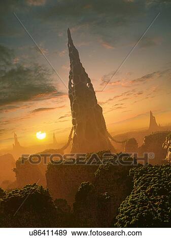 Stock Illustration - Alien structures on an extrasolar planet. Fotosearch