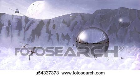 Colonisation of Alien World View Large Illustration Drawing - Colonisation of Alien World. Fotosearch