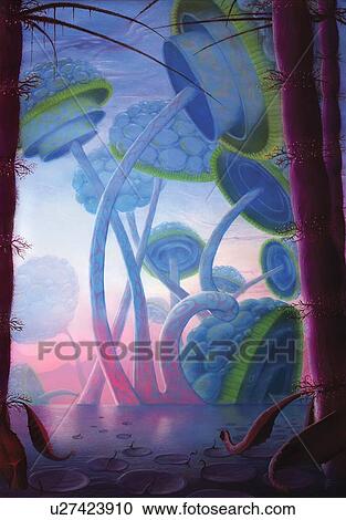 Clipart - Giant mushroom lifeforms on alien world. Fotosearch