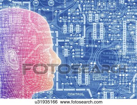 Stock Illustration - Printed circuit board and wireframe head. Fotosearch