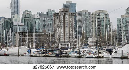 Stock Photo - Boats at harbor, Coal Harbour, with Vancouver city skyline, British Columbia, Canada. Fotosearch