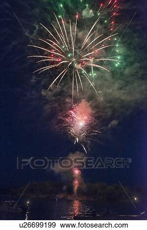 Stock Photo - Canada Day firework display, Keewatin, Unorganized Kenora, Kenora, Lake of The Woods, Ontario, Canada. Fotosearch