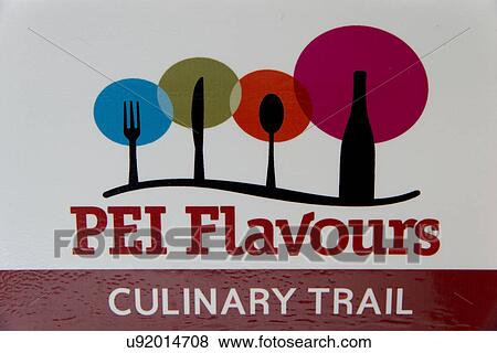 Stock Photo - Close-up of PEI Flavours restaurant sign, Prince Edward Island, Canada. Fotosearch