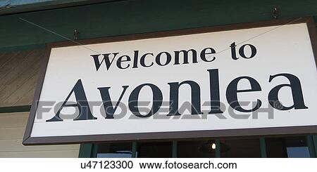 Stock Image - Close-up of welcome sign to Avonlea, Green Gables, Prince Edward Island, Canada. Fotosearch