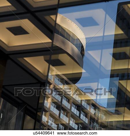 Stock Image - Detail of a modern glass building, Vancouver, British Columbia, Canada. Fotosearch