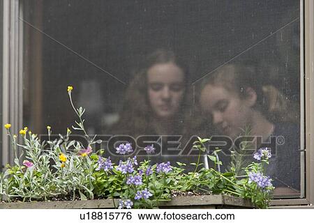 Stock Photograph - Girls behind a glass window, Lake of The Woods, Ontario, Canada. Fotosearch