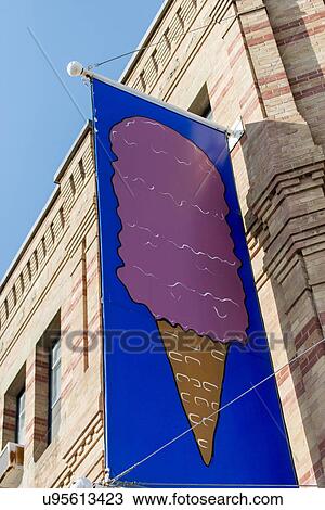 Stock Image - Ice cream banner sign, Charlottetown, Prince Edward Island, Canada. Fotosearch