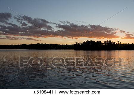Stock Image - Silhouette of trees at dusk, Lake of The Woods, Ontario, Canada. Fotosearch