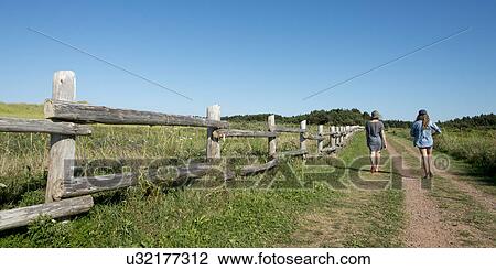 Stock Image - Tourists walking along Cavendish Dunelands Trail, Green Gables, Prince Edward Island, Canada. Fotosearch