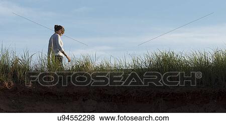 Stock Photo - Woman walking along coastline, Green Gables, Cavendish, Prince Edward Island, Canada. Fotosearch