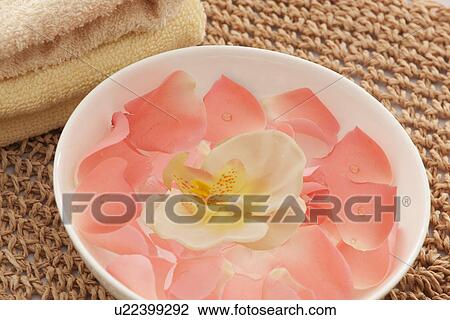 Stock Image - Bowl with orchid and rose petals . Fotosearch