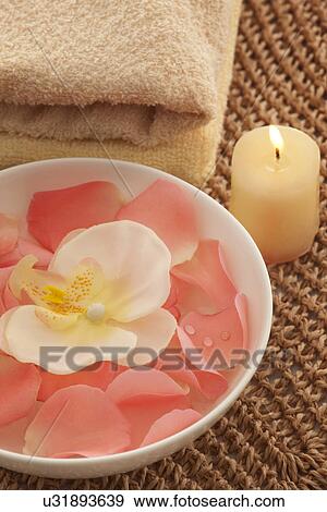 Bowl with orchid and rose petals View Large Photo Image Stock Photo - Bowl with orchid and rose petals . Fotosearch
