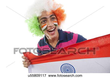 Stock Photo - Boy cheering for the Indian team . Fotosearch