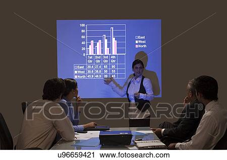 Stock Image - Businesswoman giving presentation to executives in meeting . Fotosearch