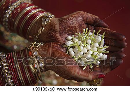 Stock Image - Close-up of bride holding jasmine flower . Fotosearch