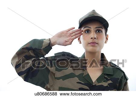 Close-up of female soldier saluting View Large Photo Image Stock Photo - Close-up of female soldier saluting . Fotosearch