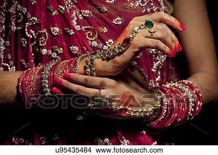 Close-up of jewelery on hands of Indian bride View Large Photo Image Picture - Close-up of jewelery on hands of Indian bride . Fotosearch