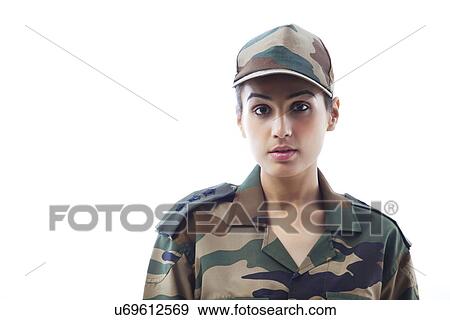 Stock Photo - Close-up of woman army soldier against white background . Fotosearch