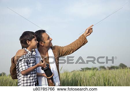 Father and son flying a kite in field View Large Photo Image Stock Photograph - Father and son flying a kite in field . Fotosearch