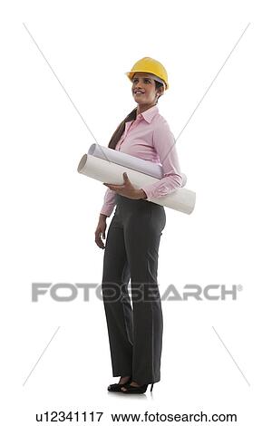 Stock Photo - Female engineer with blueprints . Fotosearch